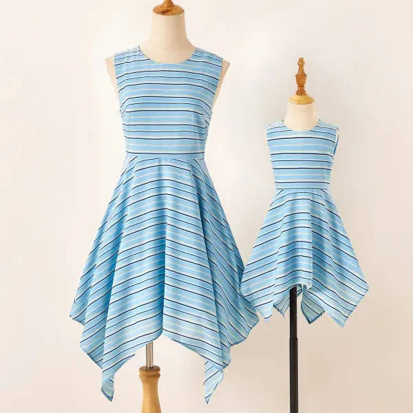 Sweet Striped Round Neck Sleeveless Blue Mom Girl Matching Dress - Popopiearab.com 
