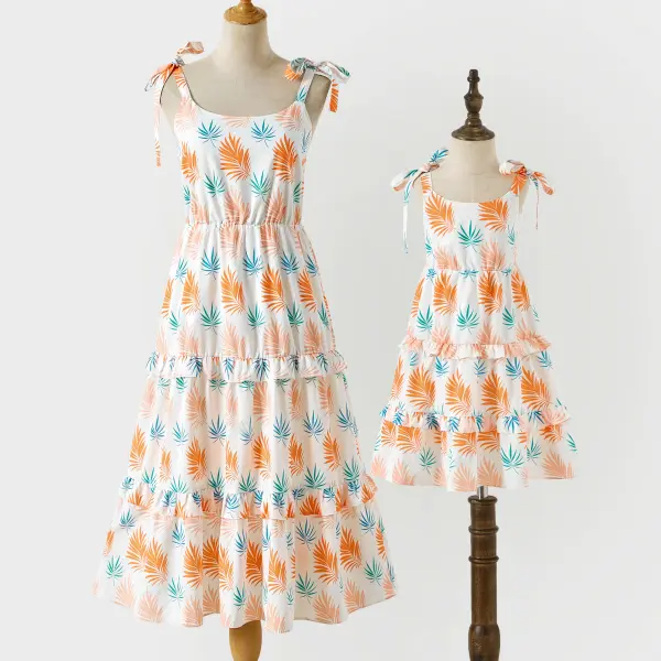 Sweet Orange Plant Print Sling Mom Girl Matching Dress - Popopiestyle.com 