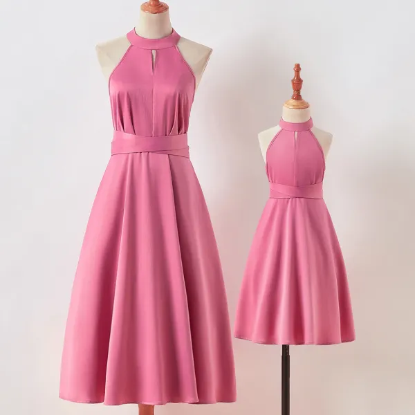 Elegant Pink Halter Mom Girl Matching Dress - Popopiearab.com 