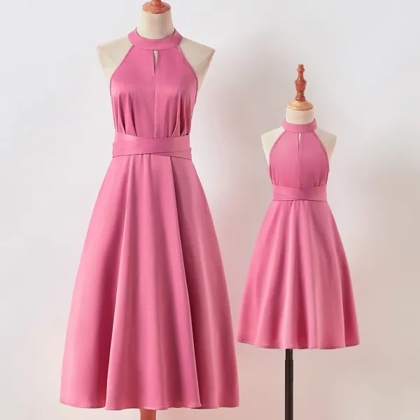 Elegant Pink Halter Mom Girl Matching Dress - Popopiestyle.com 