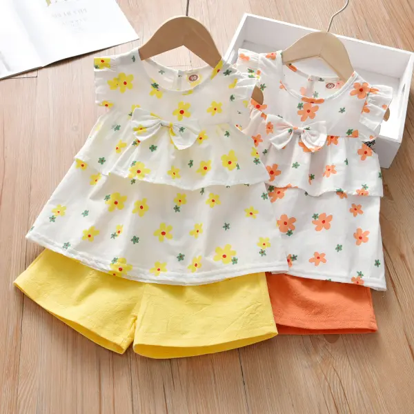 【18M-7Y】Sweet Bow Floral Print Top and Pure Color Shorts Set - 3435 - Popreal.com 