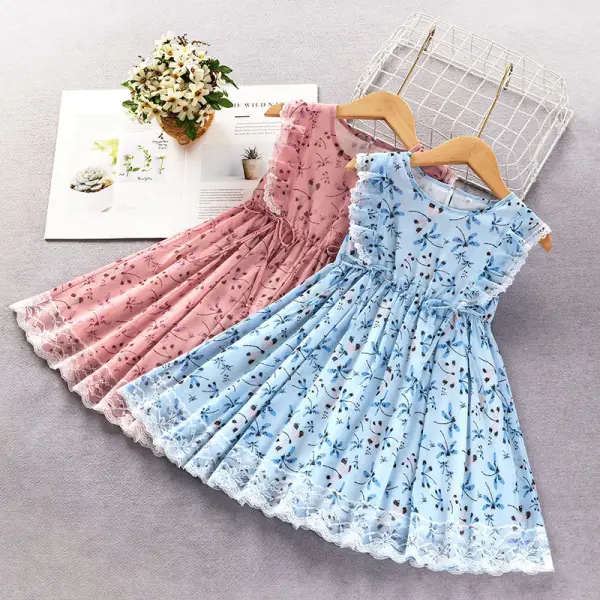 【18M-7Y】Girls Sweet Lace Dragonfly Full Print Sleeveless Dress - 3376 - Popopieshop.com 
