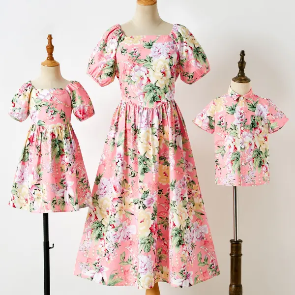 Flower Printed Puff Sleeve Pink Dress and Shirt Family Matching Outfits - Popopiearab.com 