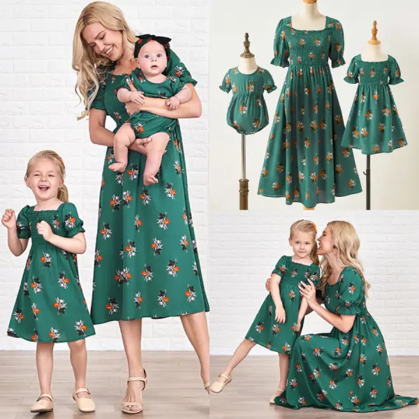 Sweet Flower Green Mom Girl Matching Dress and Romper - Popopiearab.com 