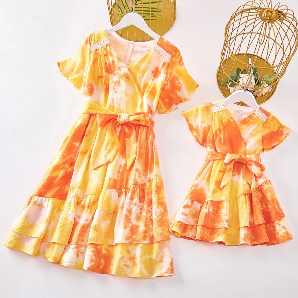 Sweet Orange Tie-Dye V-Neck Short Sleeve Mom Girl Matching Dress - Popopiearab.com 