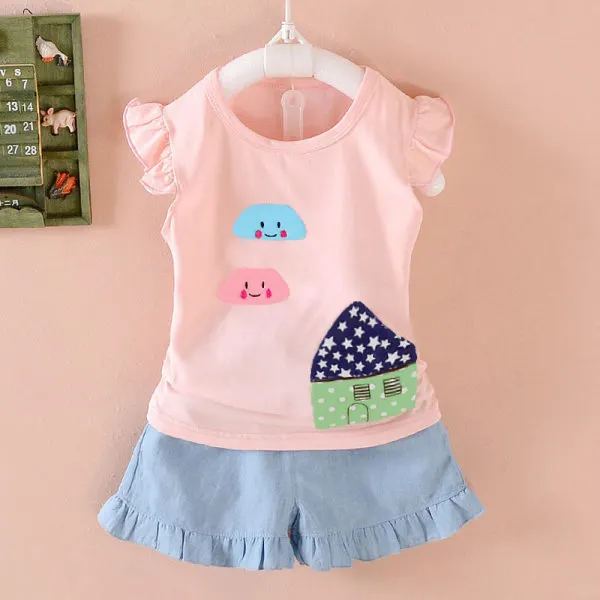 【12M-7Y】Girls Cute Cartoon Patch Vest T-Shirt Shorts Set - Popopieshop.com 