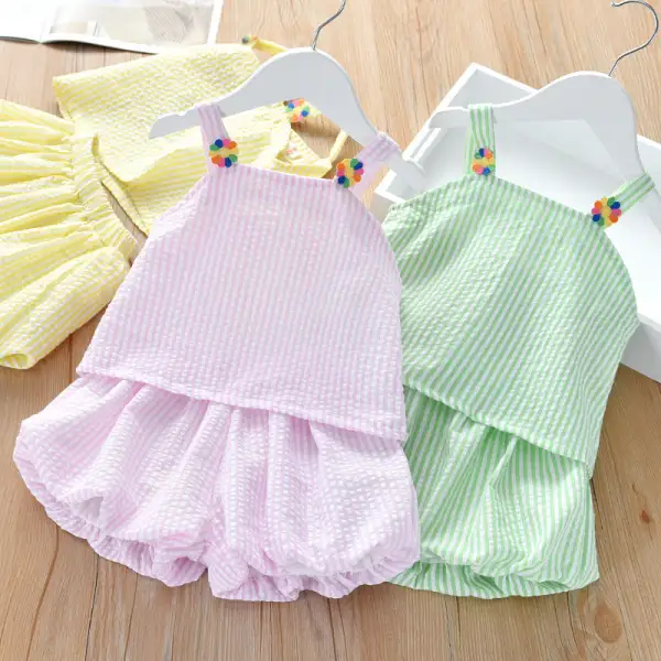 【12M-7Y】Girls Fresh Sweet Striped Camisole Top Lantern Shorts Set - 34254 - Popopieshop.com 