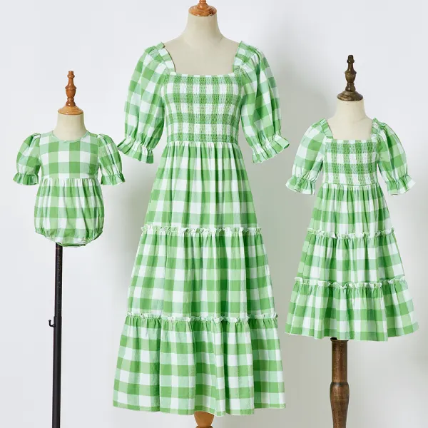 Sweet Green Plaid Puff Sleeve Mom Girl Matching Dress - Popopiestyle.com 