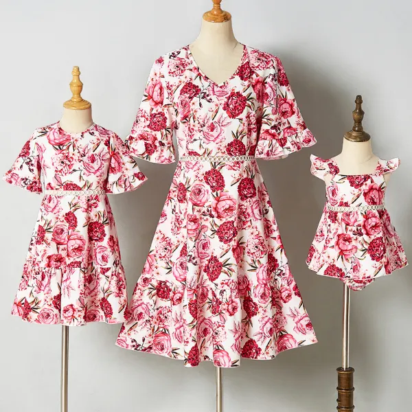 Sweet Pink Flowers Short Sleeve Mom Girl Matching Dress - Popopiearab.com 