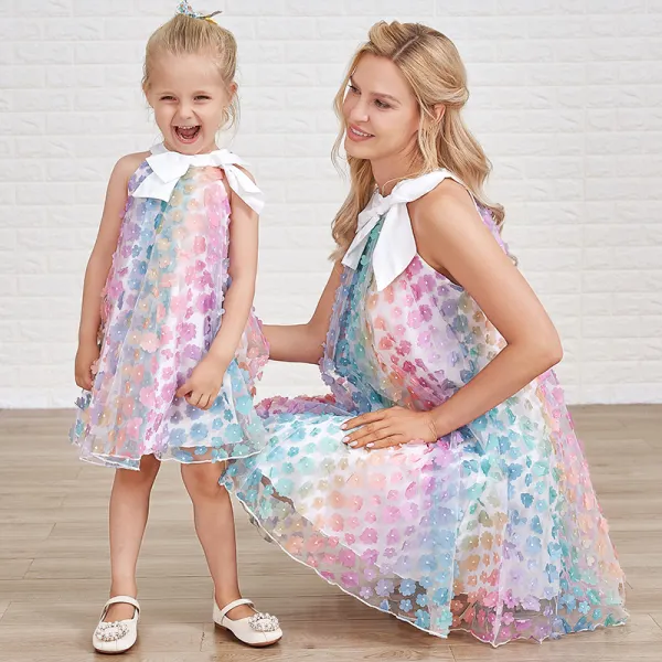 Sweet Colorful Flower Embroidery Bow Mom Girl Matching Dress - Popopiearab.com 