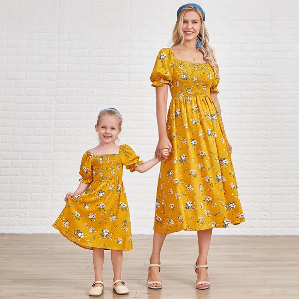 Sweet Flower Print Square Neck Puff Sleeve Yellow Mom Girl Matching Dress - Popopiearab.com 