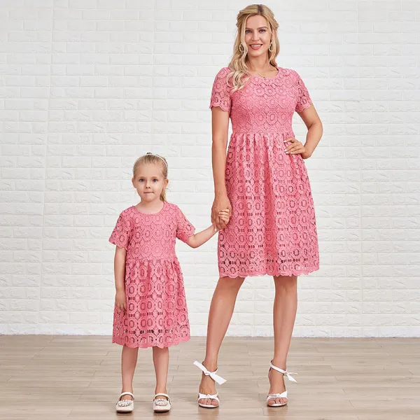 Sweet Pink Lace Short Sleeve Mom Girl Matching Dress - Popopiearab.com 
