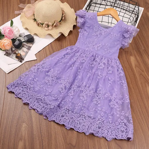【2Y-9Y】Girls Bow Flying Sleeve Embroidered Mesh Princess Dress Only $32.99 - Popopieshop.com 