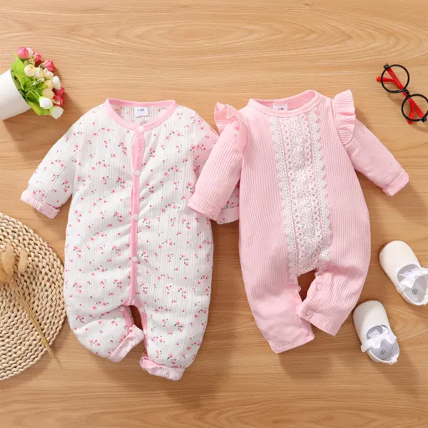 【0M-18M】Floral Lace Round Neck Long Sleeve Romper Only $20.99 - Popopieshop.com 