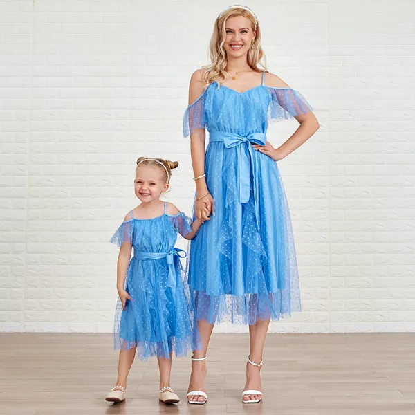 Sweet Blue Polka Dot Mesh Off The Shoulder Mom Girl Matching Dress - Popopiearab.com 