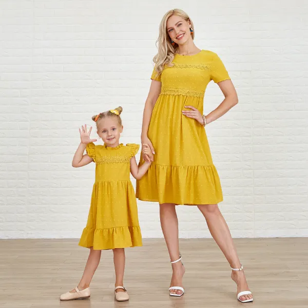 Sweet Yellow Jacquard Lace Short Sleeve Mom Girl Matching Dress - Popopiearab.com 