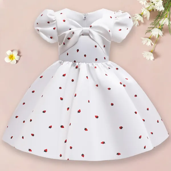 【2Y-10Y】Sweet Strawberry Print White Bow Dress - Popopieshop.com 