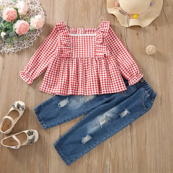 【18M-7Y】Girls Red Plaid Long-sleeved Shirt Denim Trousers Two-piece Suit - Popopieshop.com 
