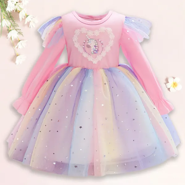 【2Y-10Y】Sweet Cartoon Unicorn Rainbow Mesh Dress - Popopieshop.com 