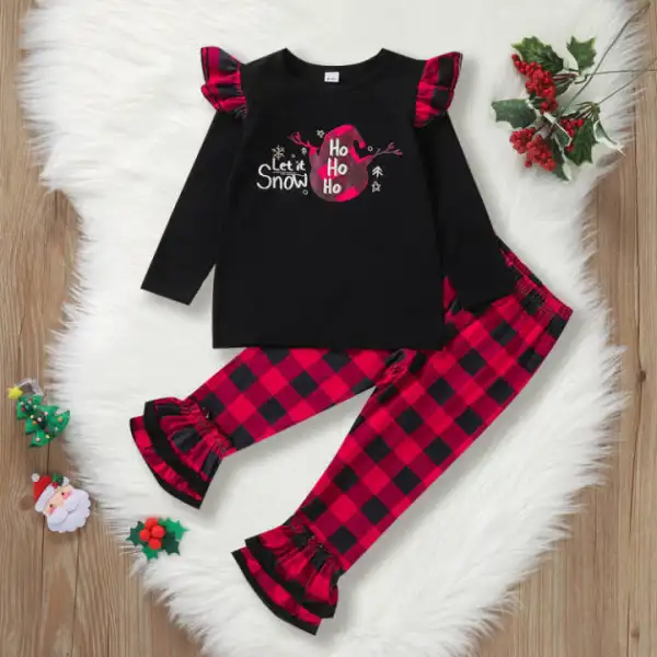 【4Y-13Y】Girls Black Blouse With Letter Print Embroidery And Red Plaid Pants Two-piece Suit Only $8.99 - Popopieshop.com 