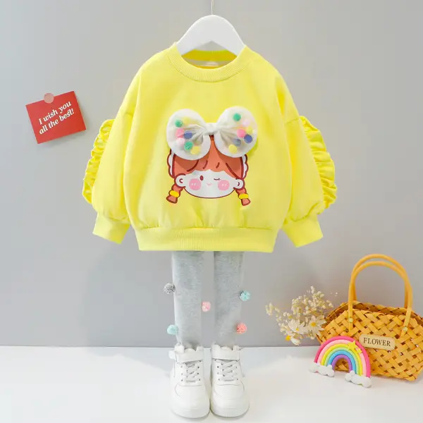 【9M-4Y】Girls Cartoon Print Colored Balls Bowknot Sweatshirt And Pants Set - Popopieshop.com 