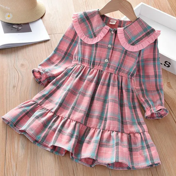 【18M-7Y】 Girl's Sweet Ruffled Collar Plaid Long Sleeved Dress - Popopiearab.com 