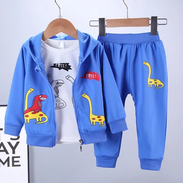 【12M-4Y】Boys Dinosaur Print Long-sleeved Hooded Jacket, Long-sleeved T-shirt And Pants Three-piece Suit - Popopieshop.com 