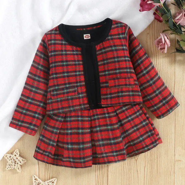 【12M-5Y】Girl Sweet Plaid Cardigan And Dress Set - 34126 Only $6.99 - Popopieshop.com 