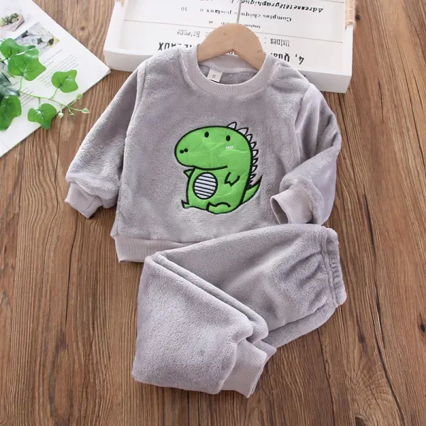 【18M-7Y】Boys Dinosaur Embroidery Flannel Round Neck Long Sleeve Sweatshirt And Pants Set Only $8.99 - Popopieshop.com 