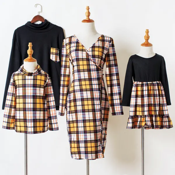 Casual Yellow Plaid Stitching Long-sleeved Family Matching Outfits - Popopiearab.com 
