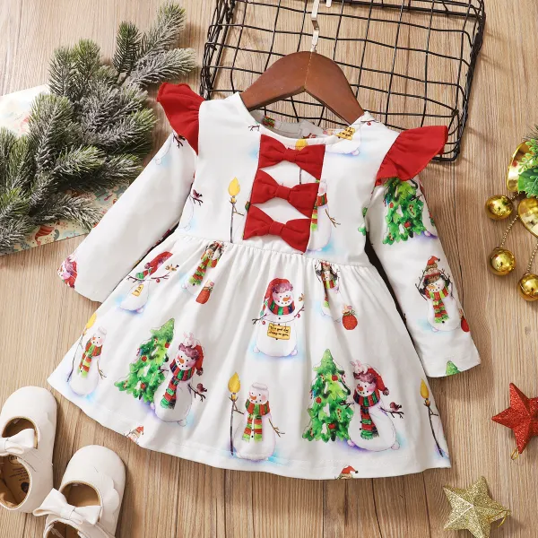 【3M-5Y】Girls Christmas Snowman Printed Long Sleeve Dress - Thefolls.com 