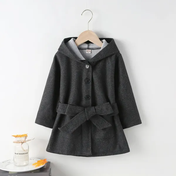 【18M-7Y】Girls Woolen Solid Color Hooded Long Sleeve Coat - Popopieshop.com 