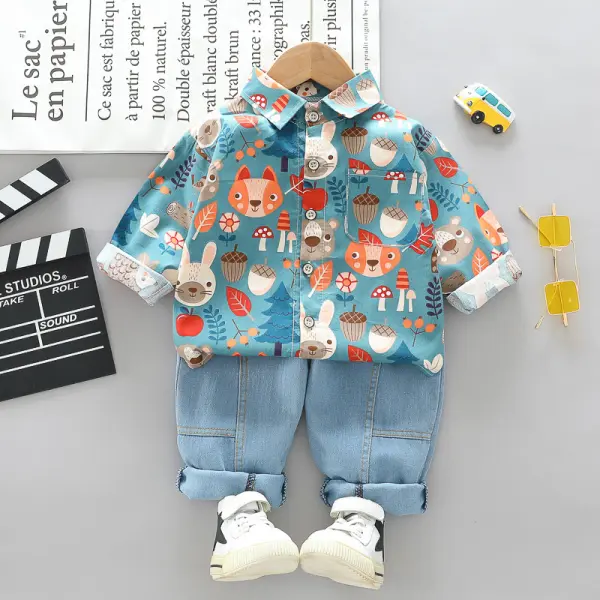 【2Y-6Y】Boys Cartoon Print Long-sleeved Shirt And Jeans Two-piece Suit - Popopieshop.com 