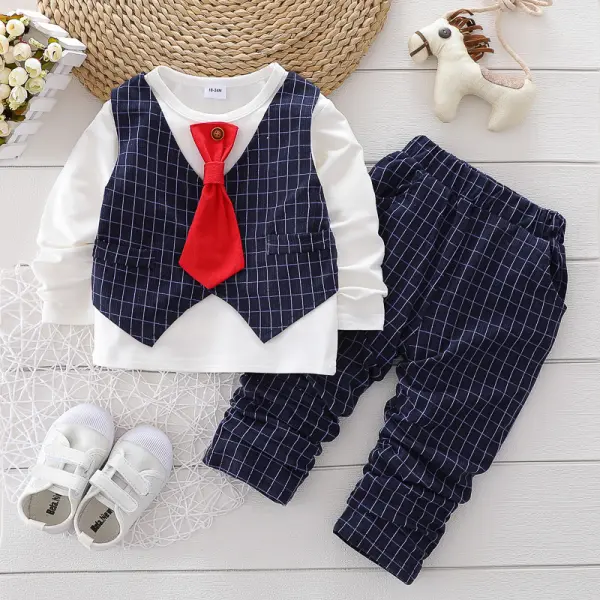 【2Y-6Y】Boys Check Pattern Stitching Long-sleeved Top And Pants Two-piece Suit - Popopieshop.com 