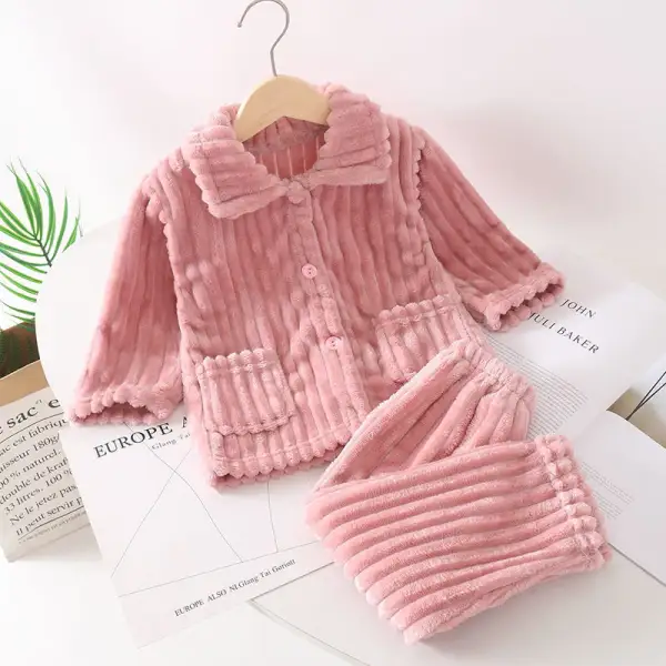 【9M-11Y】Kids Cute Flannel Lapel Long Sleeve And Pants Pajamas Set - 34154 - Popopieshop.com 