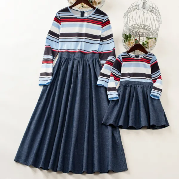Casual Colorful Striped Long-sleeved Dress Mom Girl Matching Dress - Popopiearab.com 