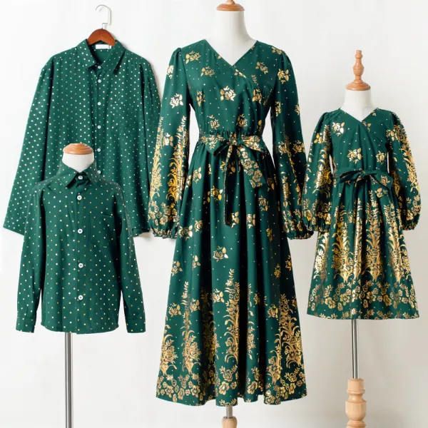 Casual Green Polka Dot Floral Long Sleeve Family Matching Outfits - Popopiearab.com 
