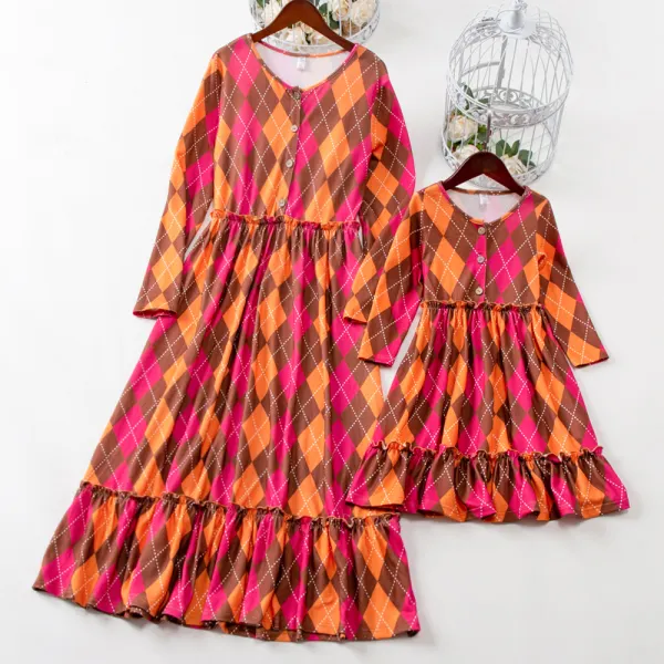 Sweet Orange Plaid Long Sleeve Mom Girl Matching Dress - Popopiearab.com 