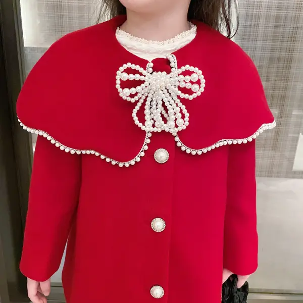 【2Y-9Y】 Girl Sweet Pearl Collar Red Coat - Popopiearab.com 