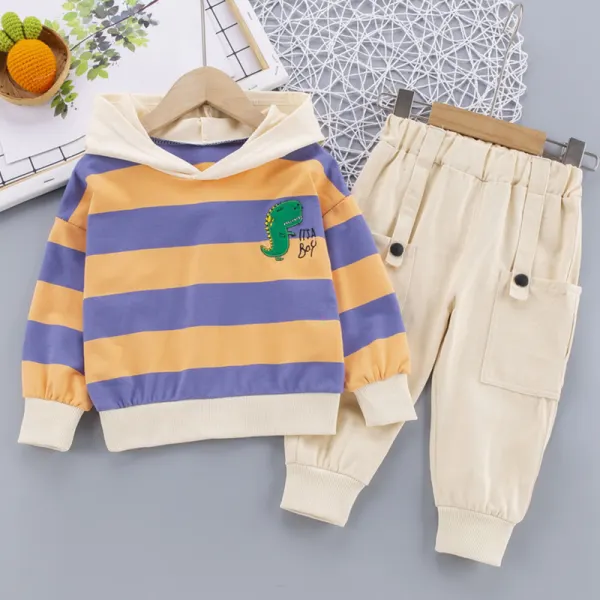 【12M-4Y】Boys Dinosaur Striped Hooded Sweatshirt And Pants Set - Popopiearab.com 