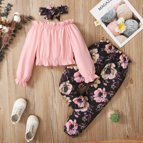 【18M-5Y】Girls 3-piece Solid Color Long Sleeved Top And Floral Print Pants Set With Headband - Popopiearab.com 