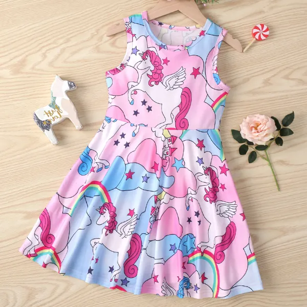 【3Y-11Y】Girl Unicorn Print Sleeveless Dress - Popopie.com 