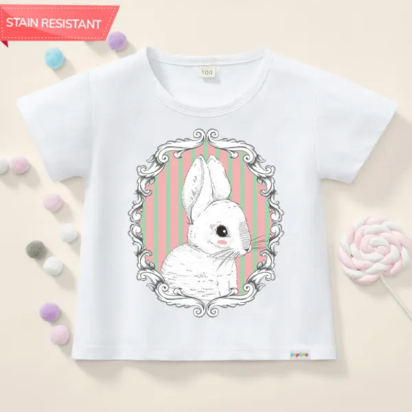 【12M-9Y】Girls Cotton Stain Resistant Bunny Pattern Short Sleeve Tee - 004 - Popopieshop.com 