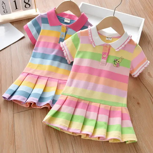 【18M-6Y】Girls Rainbow Striped Bunny Embroidered Short Sleeve Dress - 33145 - Popopieshop.com 
