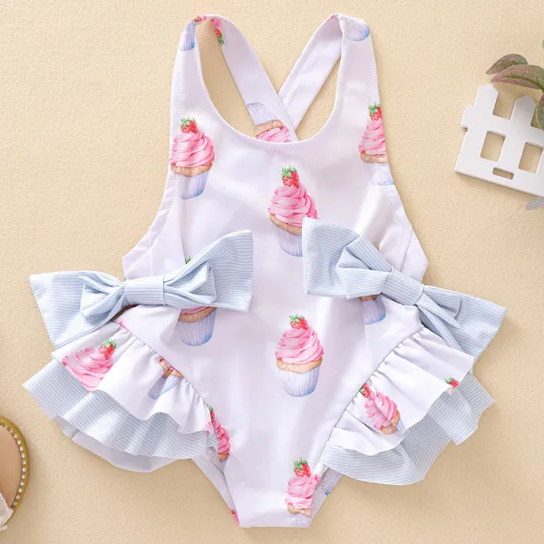 【12M-5Y】Girls White Cup Cake Print Swimsuit - Popopieshop.com 