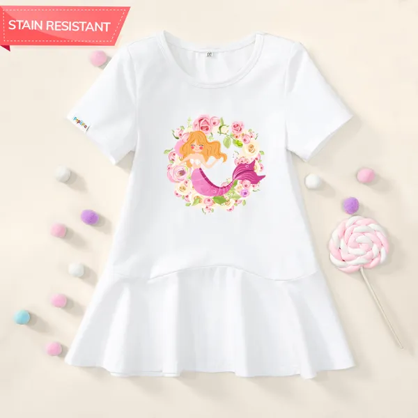 【18M-7Y】Girl Stain Resistant Cotton Mermaid Print Short-sleeve Dress - Popopieshop.com 