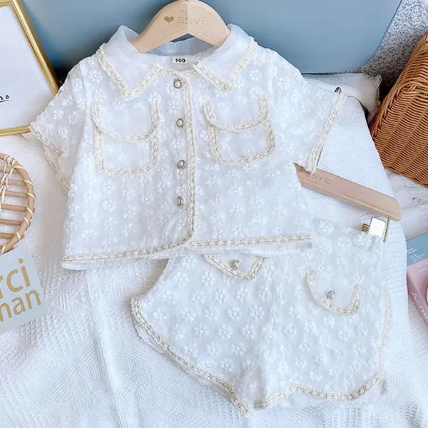 【2Y-9Y】2-piece Girls White Lace Short Sleeve Shirt And Shorts Set - 34163 Only $6.99 - Popopieshop.com 