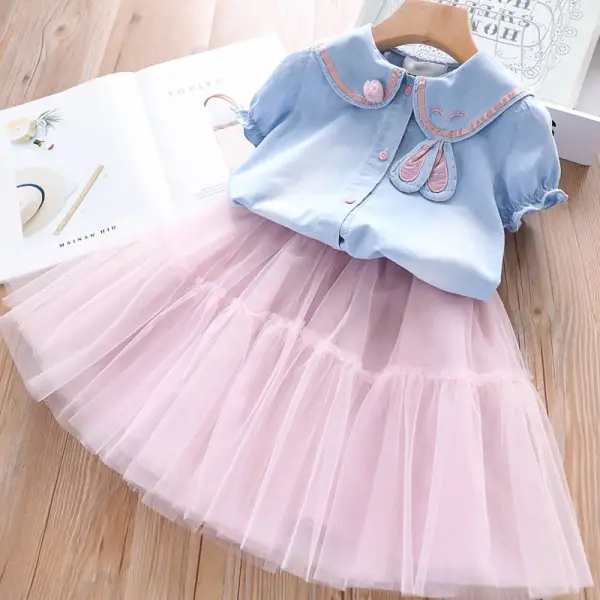 【2Y-9Y】2-piece Girls Bunny Embroidered Denim Short Sleeve Shirt And Mesh Skirt Set - 34162 - Popopieshop.com 