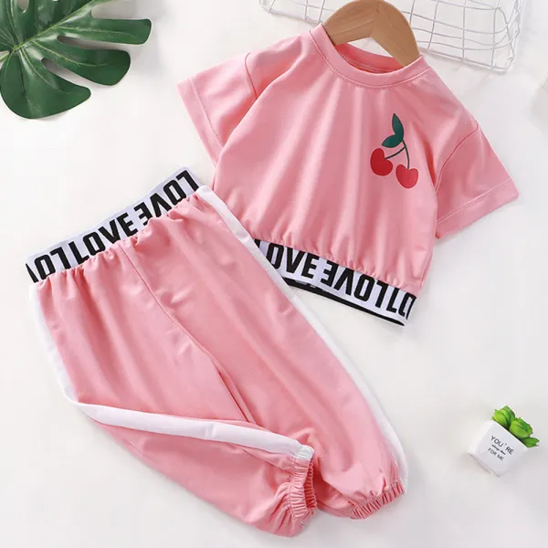【18M-9Y】2-piece Girls Cherry Print Short Sleeve T-shirt And Pants Set - 34189 - Popopieshop.com 