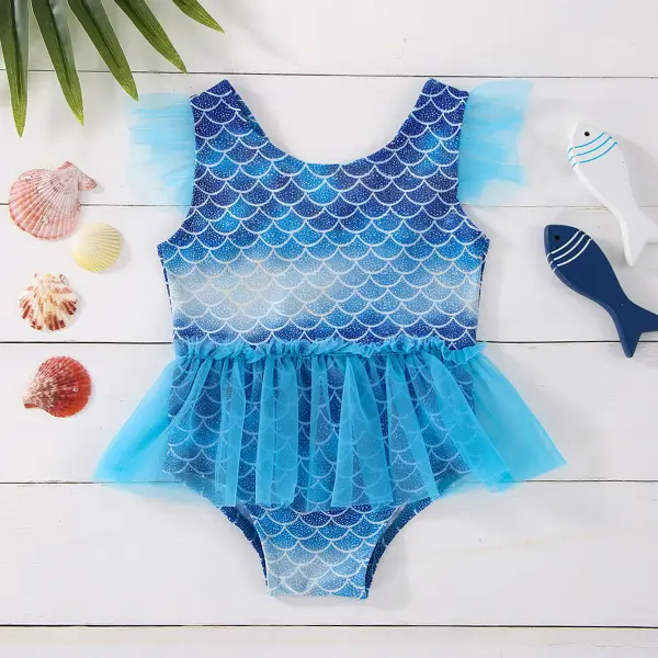 【12M-5Y】Girls Cartoon Print Tulle Splicing One-piece Swimsuit - Popopieshop.com 